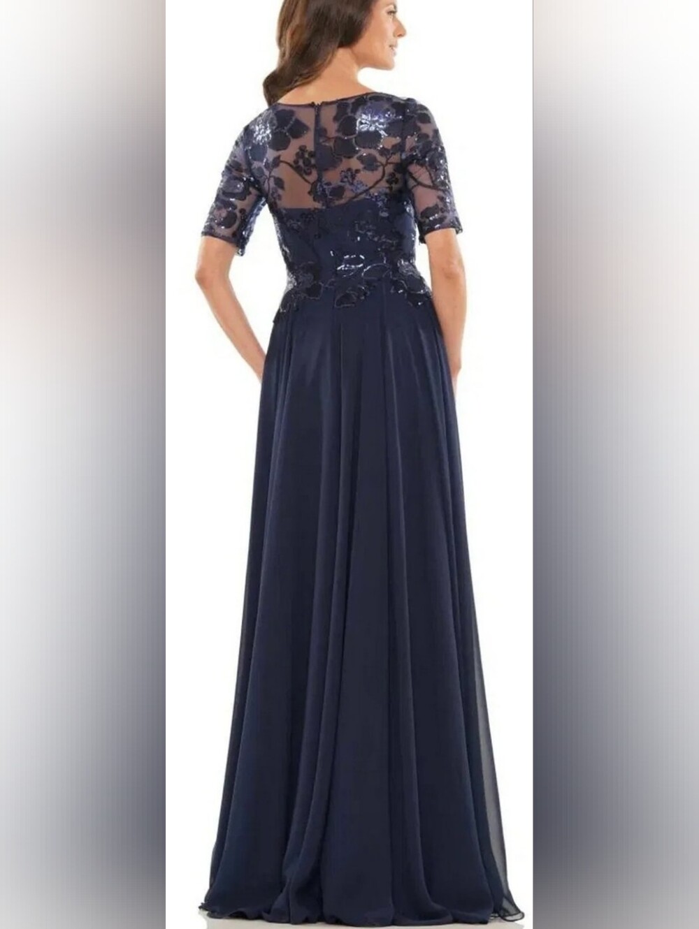 NWT-Elegant Navy Evening Gown MOB Sequin Bodice Flowy FloorLength High Slit14-16